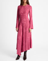 RACHEL Long Sleeve Asymmetric Midi Dress in Floral Jacquard