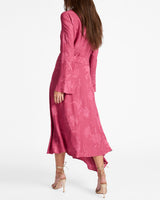 RACHEL Long Sleeve Asymmetric Midi Dress in Floral Jacquard