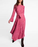 RACHEL Long Sleeve Asymmetric Midi Dress in Floral Jacquard