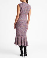 ANDI Sleeveless Tweed Midi Sheath Dress with Flared Skirt Panel