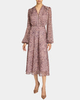 AMAL Long Sleeve Fit and Flare Midi Dress in Printed Georgette