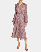 AMAL Long Sleeve Fit and Flare Midi Dress in Printed Georgette