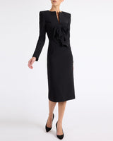MAYA Long Sleeve Midi Dress with Dramatic Floral Applique in Stretch Crepe