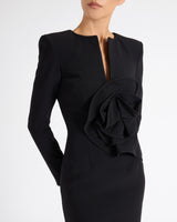 MAYA Long Sleeve Midi Dress with Dramatic Floral Applique in Stretch Crepe