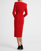 MAYA Long Sleeve Midi Dress with Dramatic Floral Applique in Stretch Crepe