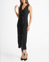 TATE Sleeveless Midi Dress with Asymmetric Ruffle Panels in Fluid Crepe