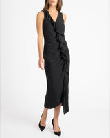 TATE Sleeveless Midi Dress with Asymmetric Ruffle Panels in Fluid Crepe