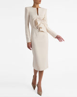 MAYA Long Sleeve Midi Dress with Dramatic Floral Applique in Stretch Crepe