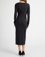 WILLA Long Sleeve Midi Dress with Tuck Detail in Punto Milano