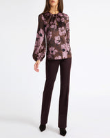 ELENA Long Sleeve Twist Neck Blouse in Floral Twill Crepe