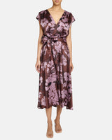 TALIA Faux-Wrap Cap Sleeve Midi Dress in Floral Twill Crepe
