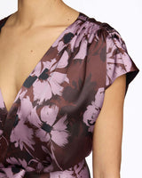 TALIA Faux-Wrap Cap Sleeve Midi Dress in Floral Twill Crepe