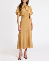 SABRINA Silk Short Sleeve Tie Neck Midi Dress