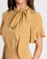 SABRINA Silk Short Sleeve Tie Neck Midi Dress
