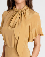SABRINA Silk Short Sleeve Tie Neck Midi Dress