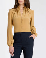 ASTRID Long Sleeve Silk Ruffle-Neck Top