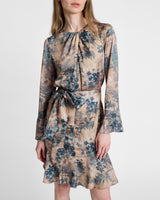 DRAKE Long Sleeve Printed Shift Dress with Ruffled Skirt