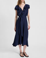 MANDY Ruffled Faux Wrap Silk Midi Dress