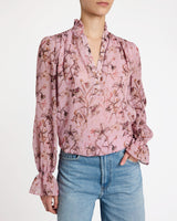 CHELSEA Long Sleeve Ruffle Neck Blouse in Printed Georgette