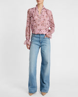 CHELSEA Long Sleeve Ruffle Neck Blouse in Printed Georgette