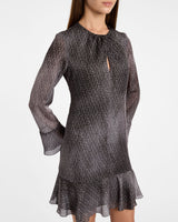 DRAKE Long Sleeve Printed Shift Dress with Ruffled Skirt