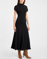 KARDI Ruched Mock Neck Maxi Dress in Soft Jersey
