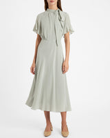 SABRINA Silk Short Sleeve Tie Neck Midi Dress