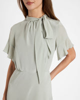 SABRINA Silk Short Sleeve Tie Neck Midi Dress