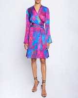 KAYDEN Long Sleeve Faux Wrap Fit and Flare Dress in Printed Charmeuse