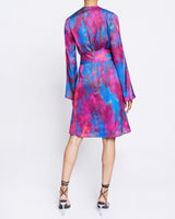 KAYDEN Long Sleeve Faux Wrap Fit and Flare Dress in Printed Charmeuse