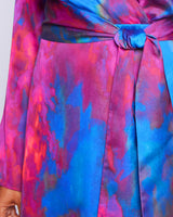 KAYDEN Long Sleeve Faux Wrap Fit and Flare Dress in Printed Charmeuse