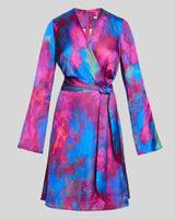 KAYDEN Long Sleeve Faux Wrap Fit and Flare Dress in Printed Charmeuse