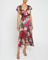 TALIA Faux-Wrap Midi Dress with Hi-Lo Skirt in Abstract Print