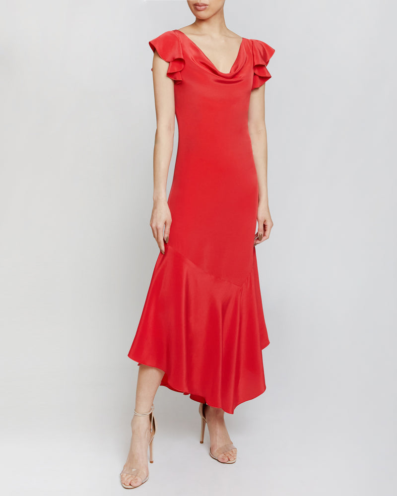 LAUREL Silk Flutter Sleeve Hi-Lo Midi Dress