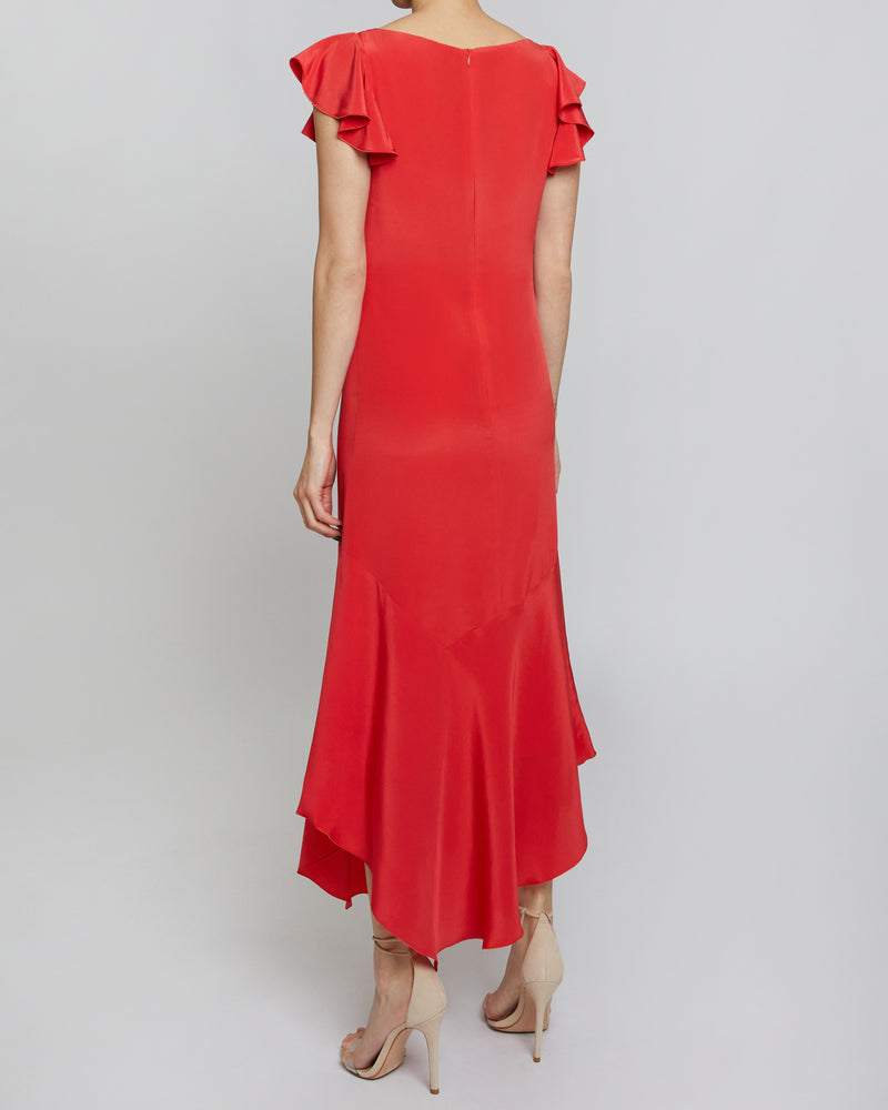 LAUREL Silk Flutter Sleeve Hi-Lo Midi Dress