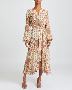 AUBREE Long Sleeve Midi Hi-Lo Dress in Printed Georgette