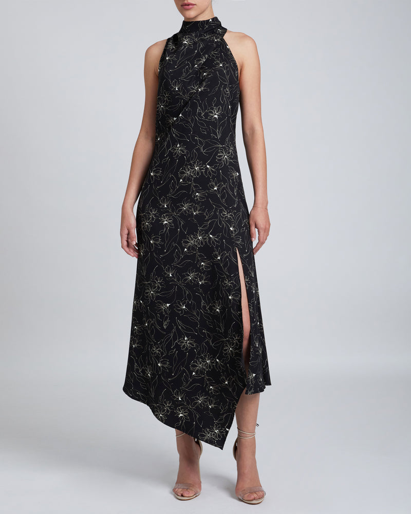 BLAKE Asymmetric Shoulder Dress in Abstract Floral Print