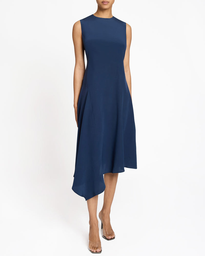 CECILIA Sleeveless Midi Dress with Asymmetrical Hemline in Silk Crepe de Chine