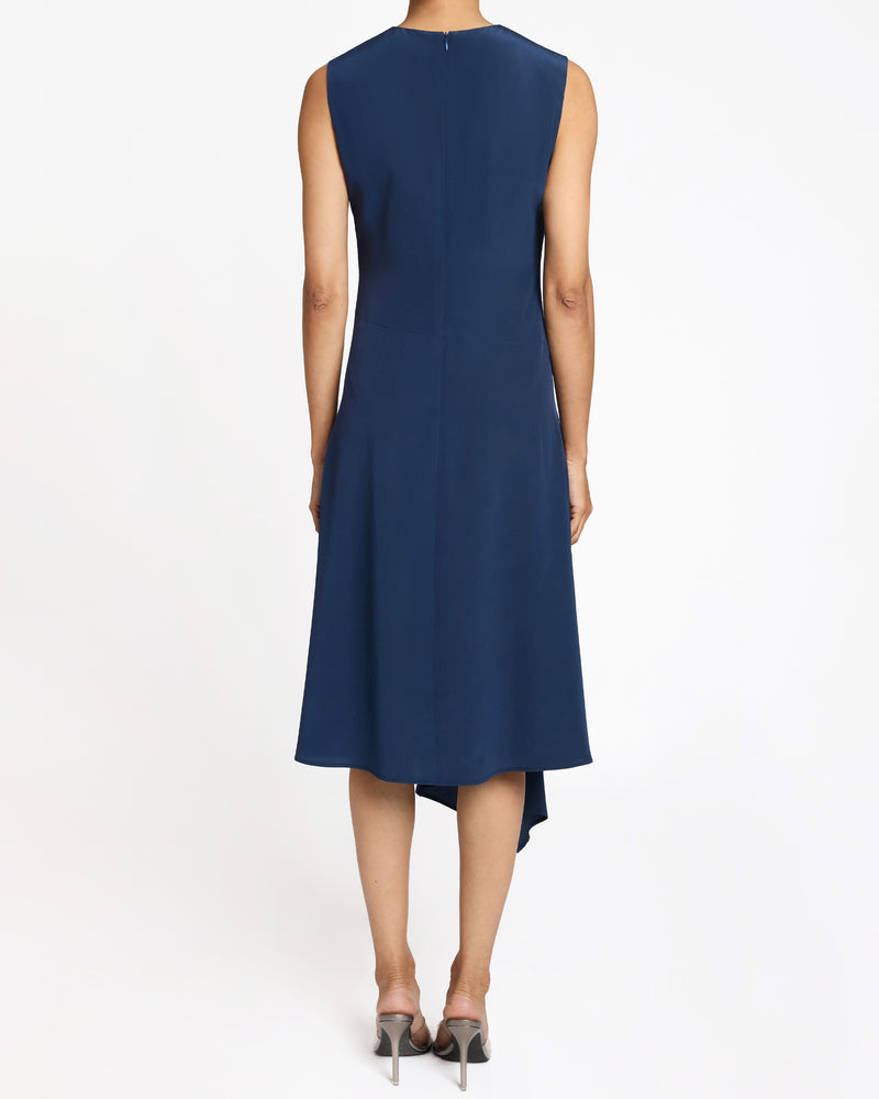 CECILIA Sleeveless Midi Dress with Asymmetrical Hemline in Silk Crepe de Chine