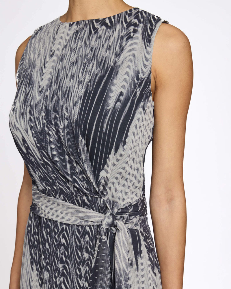 Santorelli - Dorothy A-Line Midi Dress with Waist Tie in Silk Georgette Black Multi / 40 Santorelli - Dorothy A-Line Midi Dress with Waist Tie in Silk Georgette Black Multi / 40