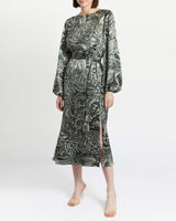 PARKER Fit and Flare Midi Dress with Lantern Sleeves in Silk Print