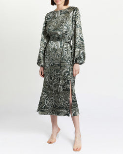 PARKER Fit and Flare Midi Dress with Lantern Sleeves in Silk Print