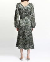 PARKER Fit and Flare Midi Dress with Lantern Sleeves in Silk Print