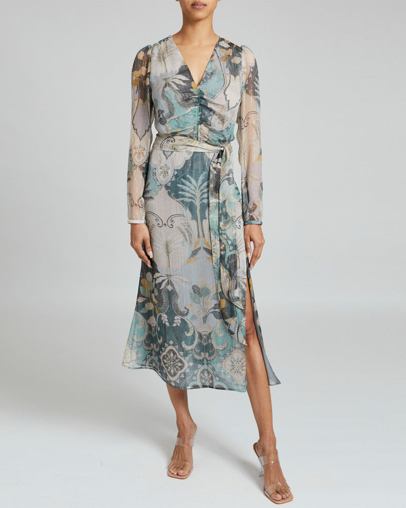 BLAIRE Midi Dress in Printed Silk Crinkle Chiffon Santorelli BLAIRE Midi Dress in Printed Silk Crinkle Chiffon Santorelli