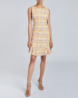 CELINE Sleeveless Tweed Sheath Dress with Ruffle Hem