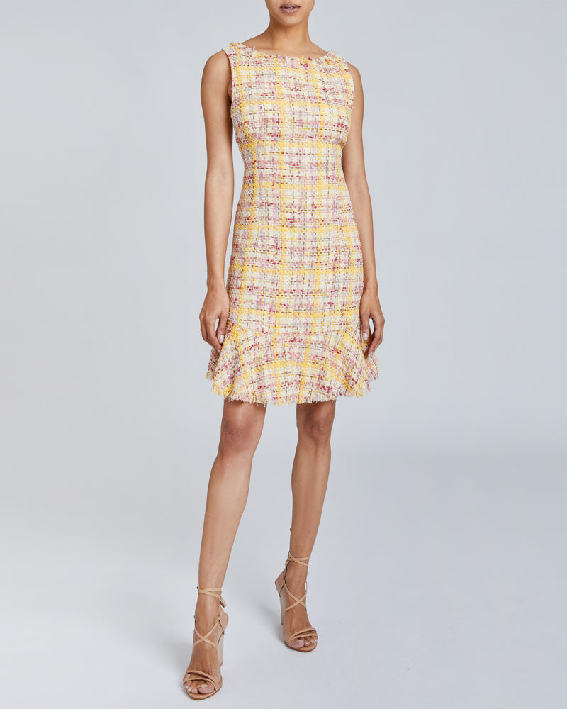 CELINE Sleeveless Tweed Sheath Dress with Ruffle Hem