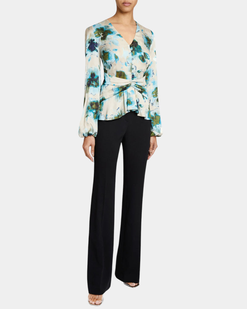 RUBY Long Sleeve Blouse with Cinched Waist in Abstract Floral Print