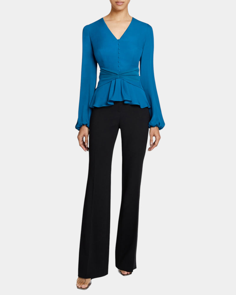RUBY Long Sleeve Blouse with Cinched Waist in Silk Georgette