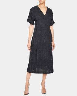SERAFINA Midi A-Line Shift Dress in Metallic Striped Linen