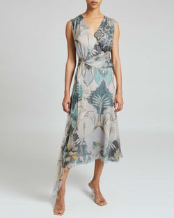 VELIA Faux Wrap Dress in Printed Silk Crinkle Chiffon